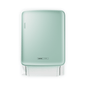 The CWS PureLine Dry | Pack (1 piece) is a sleek, rectangular, mint green paper towel dispenser with a minimalist design, featuring a visible stack of white towels and a small metal label at the bottom edge.