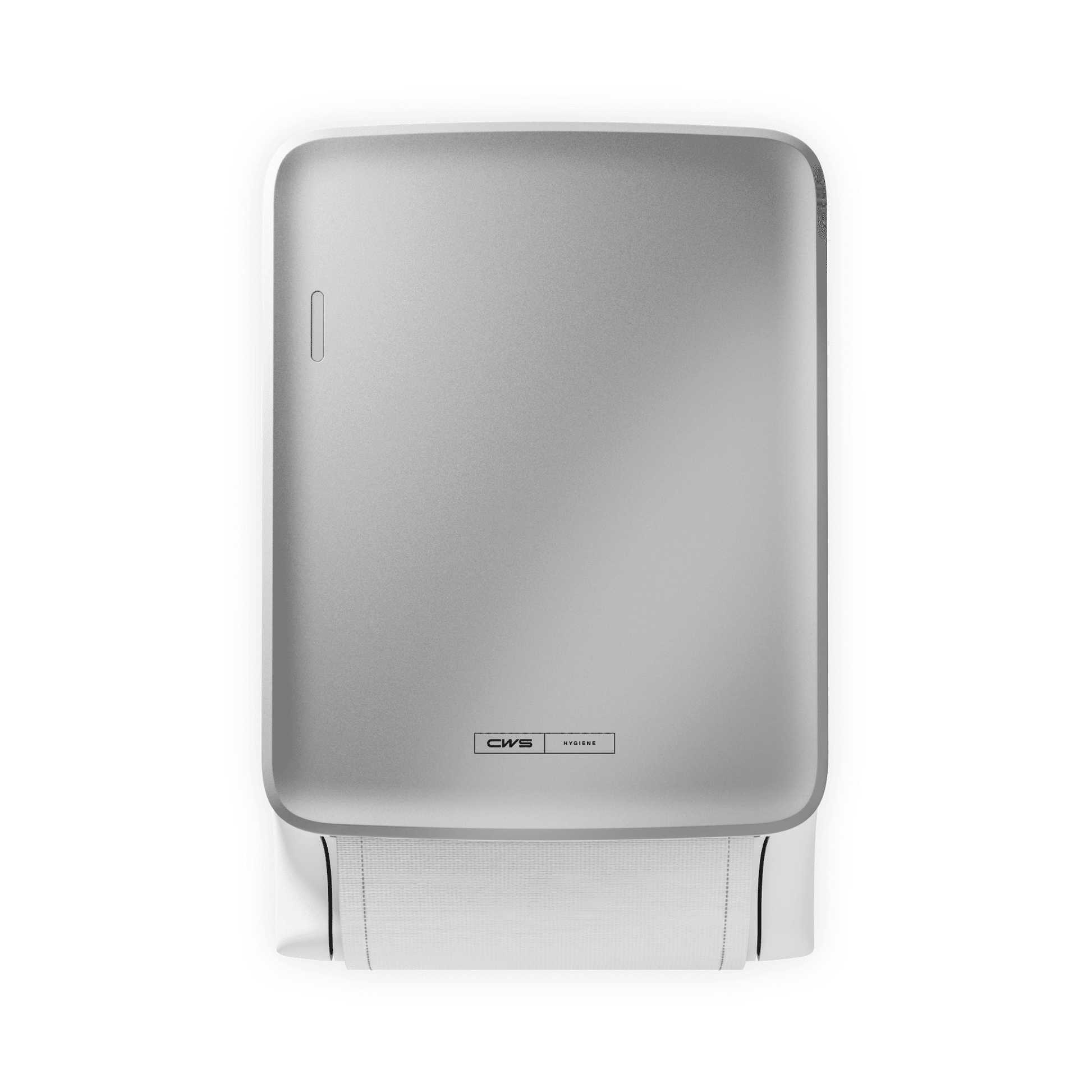 The CWS PureLine Dry from CWS is a silver, wall-mounted dispenser with a small logo near the base. It dispenses individual sheets of white paper towels and promotes hygiene through its simple, sustainable design against a plain background.