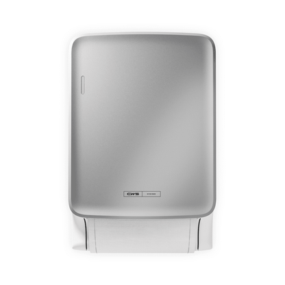 The CWS PureLine Dry from CWS is a silver, wall-mounted dispenser with a small logo near the base. It dispenses individual sheets of white paper towels and promotes hygiene through its simple, sustainable design against a plain background.