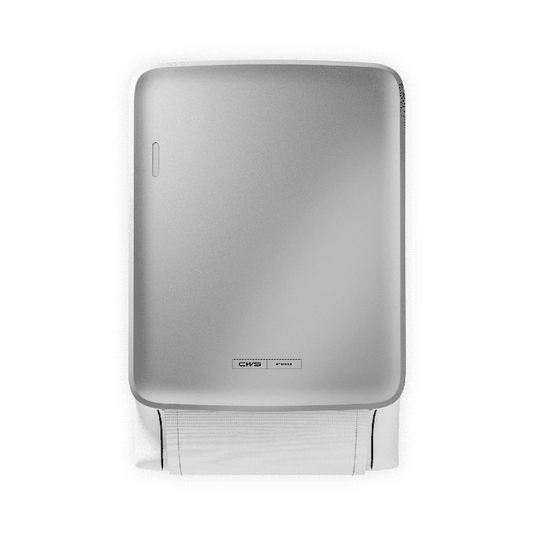 The CWS PureLine Dry from CWS is a silver, wall-mounted dispenser with a small logo near the base. It dispenses single sheets of white paper towels and promotes hygiene with its simple, sustainable design against a plain background.
