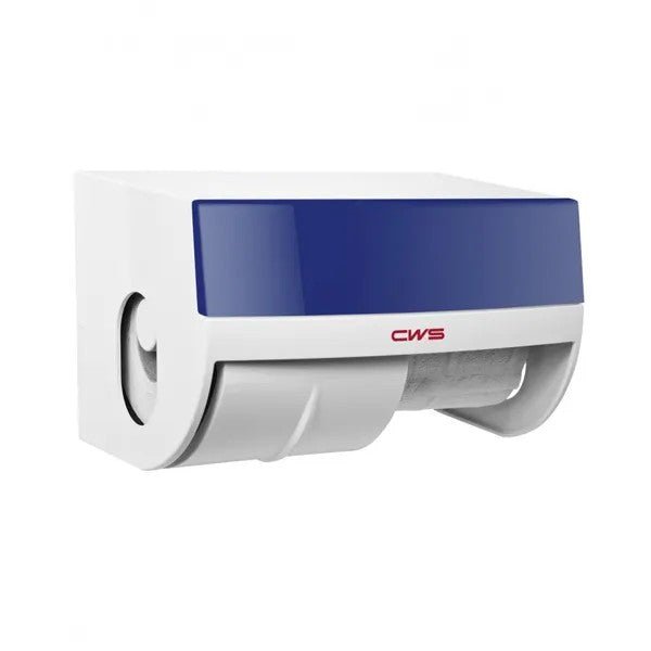 The wall-mounted CWS front panel for Paradise toilet paper dispenser by CWS has a white body, a blue translucent front plate, a visible roll inside, and bears the red "CWS" logo on the front.
