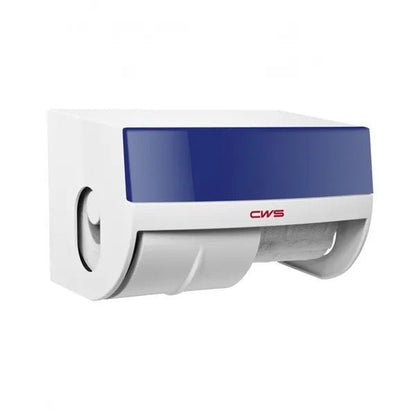 The wall-mounted CWS front panel for Paradise toilet paper dispenser by CWS has a white body, a blue translucent front plate, a visible roll inside, and bears the red "CWS" logo on the front.