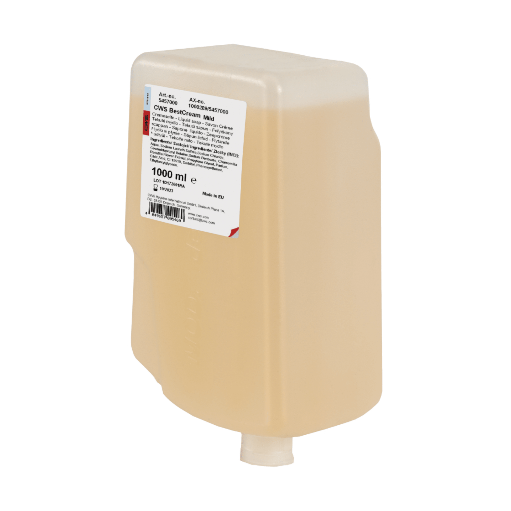 A 1000 ml plastic container with CWS soap cream BestCream Mild 1000 ml refill pack soap with chamomile extract. The container contains a beige liquid and has a label with text and a barcode on the front. It stands on a white background and displays its biodegradable formulation.