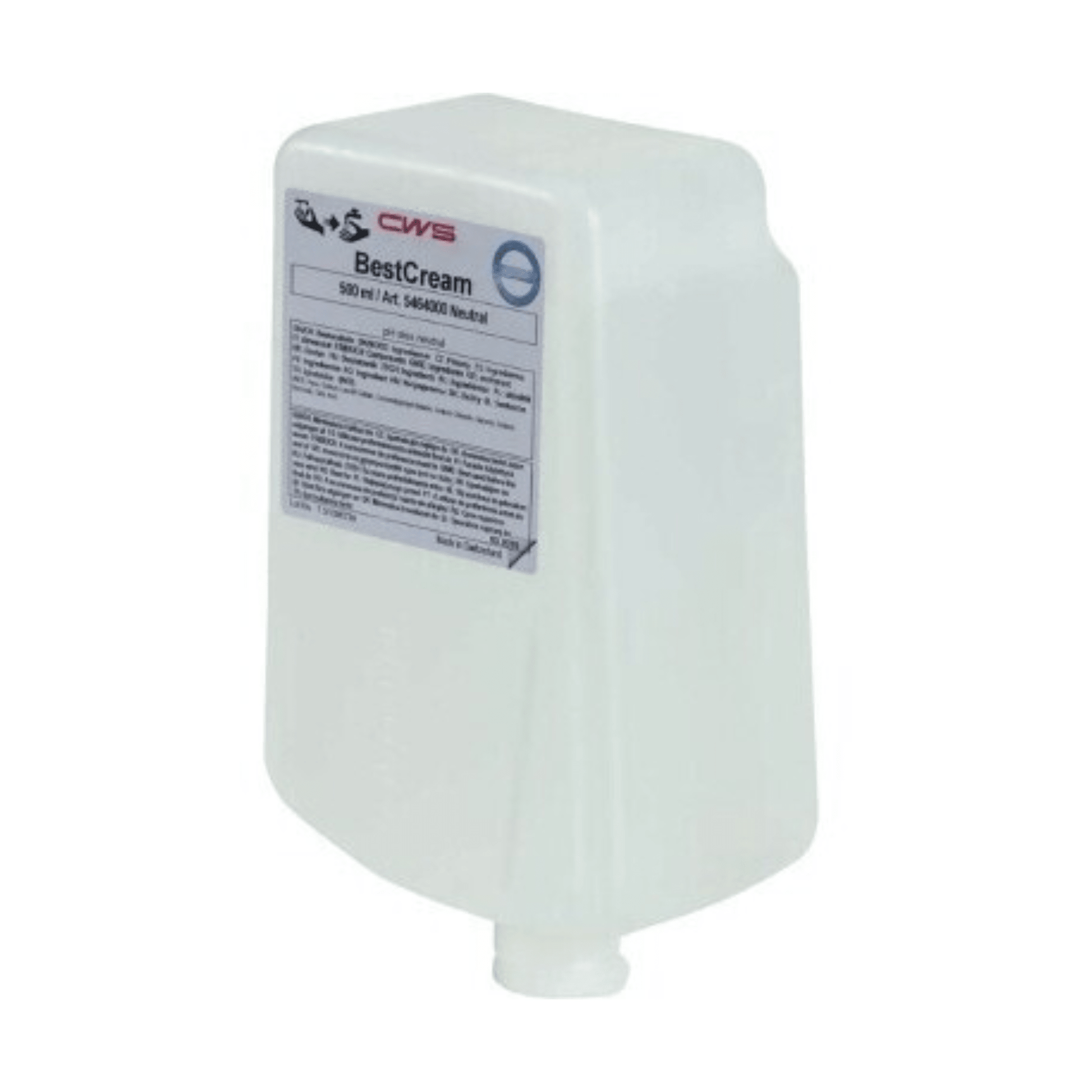 White, rectangular 500-ml bottle of CWS soap cream BestCream Neutral refill pack soap with front label and bottom spout, intended for dispensing cream or lotion.