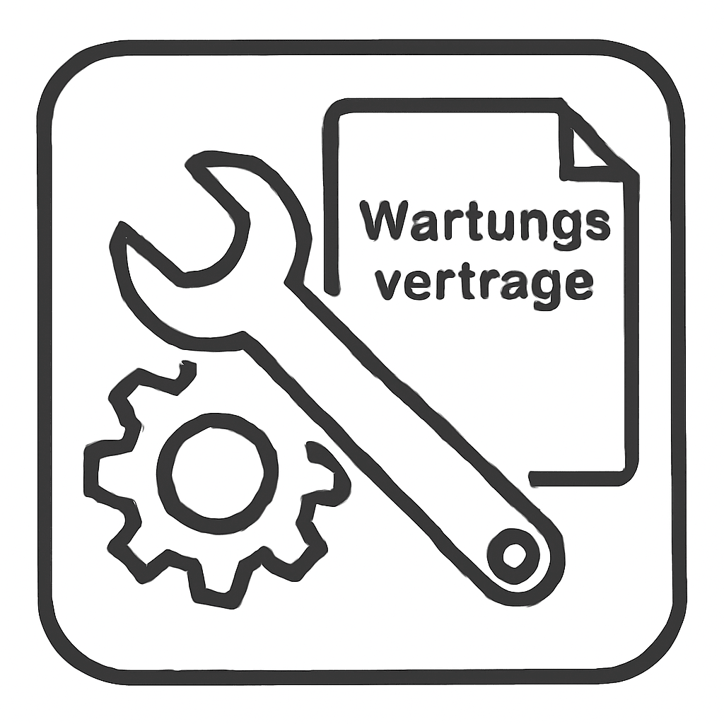 A black and white icon of a wrench, a gear, and a document with the inscription "Maintenance Contracts" in a rounded square symbolizes the high efficiency of the TASKI Ultimaxx 2900 IntelliCheck Basic Maintenance Contract by Diversey Deutschland GmbH & Co. OHG.