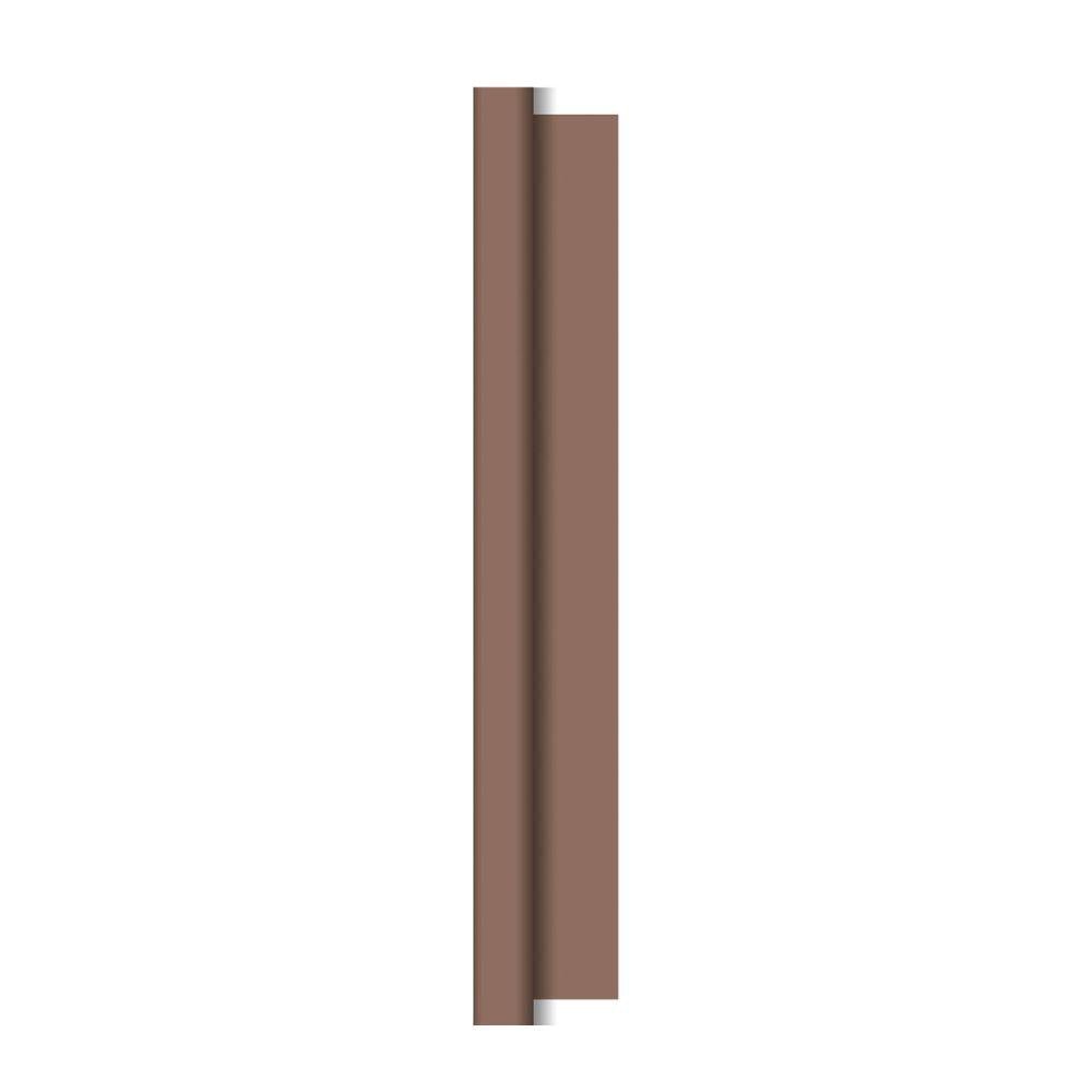 The Duni Dunicel tablecloth rolls 1.18 m x 25 m from Duni GmbH are a vertical, brown, rectangular tablecloth with a raised middle edge, perfect as flexible table decoration for large events, presented against a plain white background.