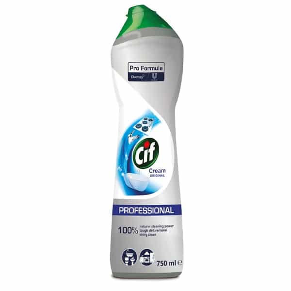 The 750 ml bottle of Professional Scouring Cream from Diversey Deutschland GmbH & Co. OHG has a white body, a green cap, and a blue label. This original formula offers powerful cleaning performance for professional use.