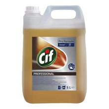 A 5-liter container of Cif Professional Wood Floor Cleaner from Diversey Deutschland GmbH & Co. OHG, specifically designed for wood and laminate floors. The semi-transparent packaging with a white handle and closure displays a wood surface design as well as the Cif logo, emphasizing its use in professional cleaning as part of the Pro Formula series.