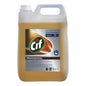 A 5-liter container of Cif Professional Wood Floor Cleaner from Diversey Deutschland GmbH & Co. OHG, specifically designed for wood and laminate floors. The semi-transparent packaging with a white handle and closure displays a wood surface design as well as the Cif logo, emphasizing its use in professional cleaning as part of the Pro Formula series.