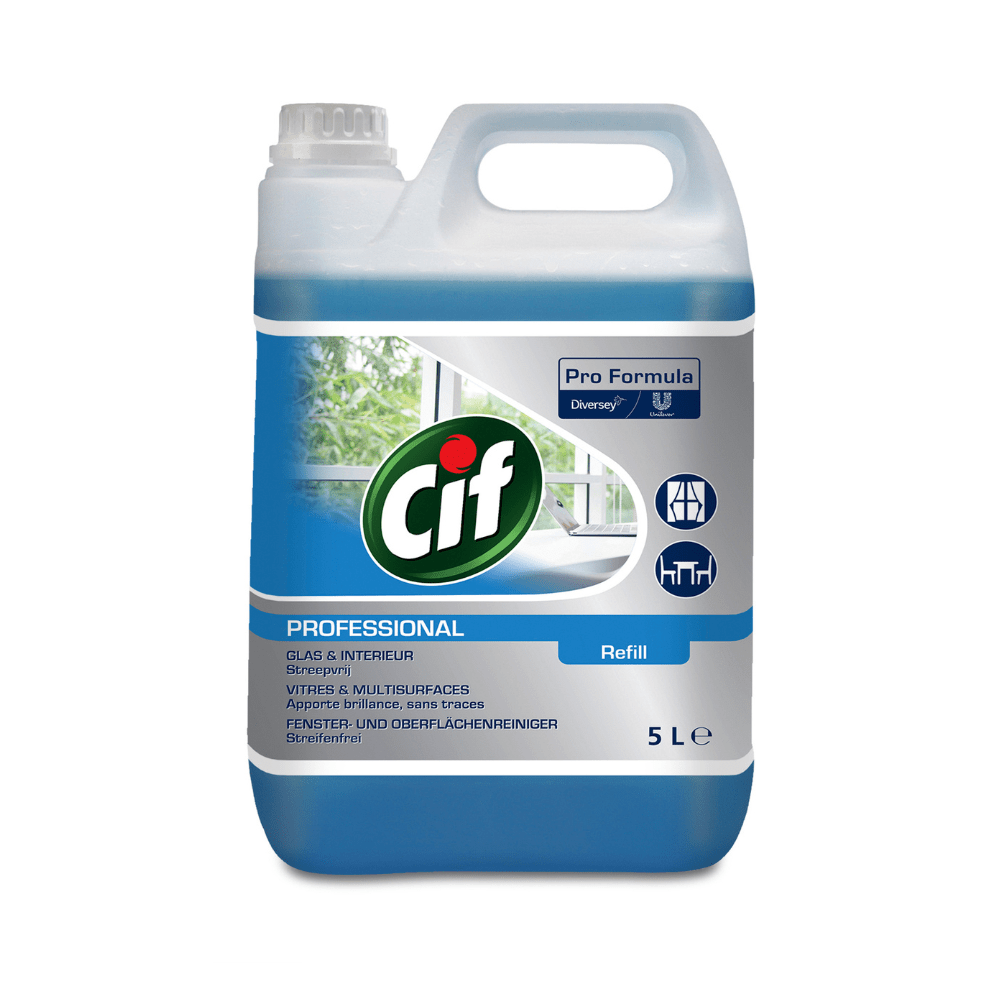 A 5-liter Cif Professional Glass and Multi-Purpose Cleaner from Diversey Deutschland GmbH & Co. OHG with handle and screw cap; blue and white label shows window symbols, Pro Formula branding, and promises streak-free cleanliness for refillable spray bottles.