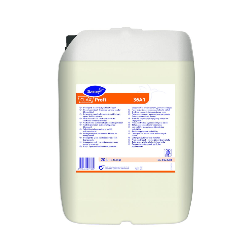 The white plastic container bears the label "Clax Profi 36A1" from Diversey Deutschland GmbH & Co. OHG in a blue-orange design. This standalone detergent for soft water provides extensive product information in multiple languages and contains 20 liters of liquid, ideal for lightly to moderately soiled textiles.