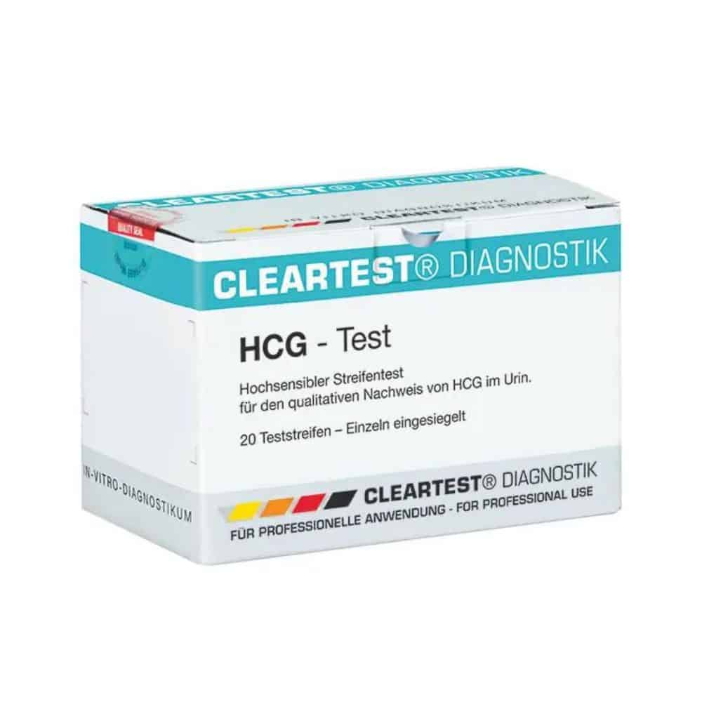 Package of Cleartest hCG pregnancy test strips - 20 pieces from Servoprax GmbH, with the text in German indicating that it is intended for the qualitative determination of hCG in urine and is for professional use only.