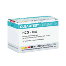 Package of Cleartest hCG pregnancy test strips - 20 pieces from Servoprax GmbH, with the text in German indicating that it is intended for the qualitative determination of hCG in urine and is for professional use only.
