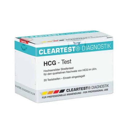 Package of Cleartest hCG pregnancy test strips - 20 pieces from Servoprax GmbH, with the text in German indicating that it is intended for the qualitative determination of hCG in urine and is for professional use only.