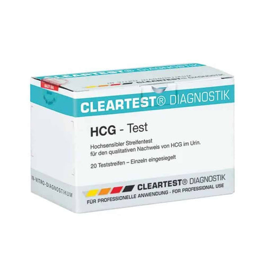 Package of Cleartest hCG pregnancy test strips - 20 pieces from Servoprax GmbH, with the text in German indicating that it is intended for the qualitative determination of hCG in urine and is for professional use only.