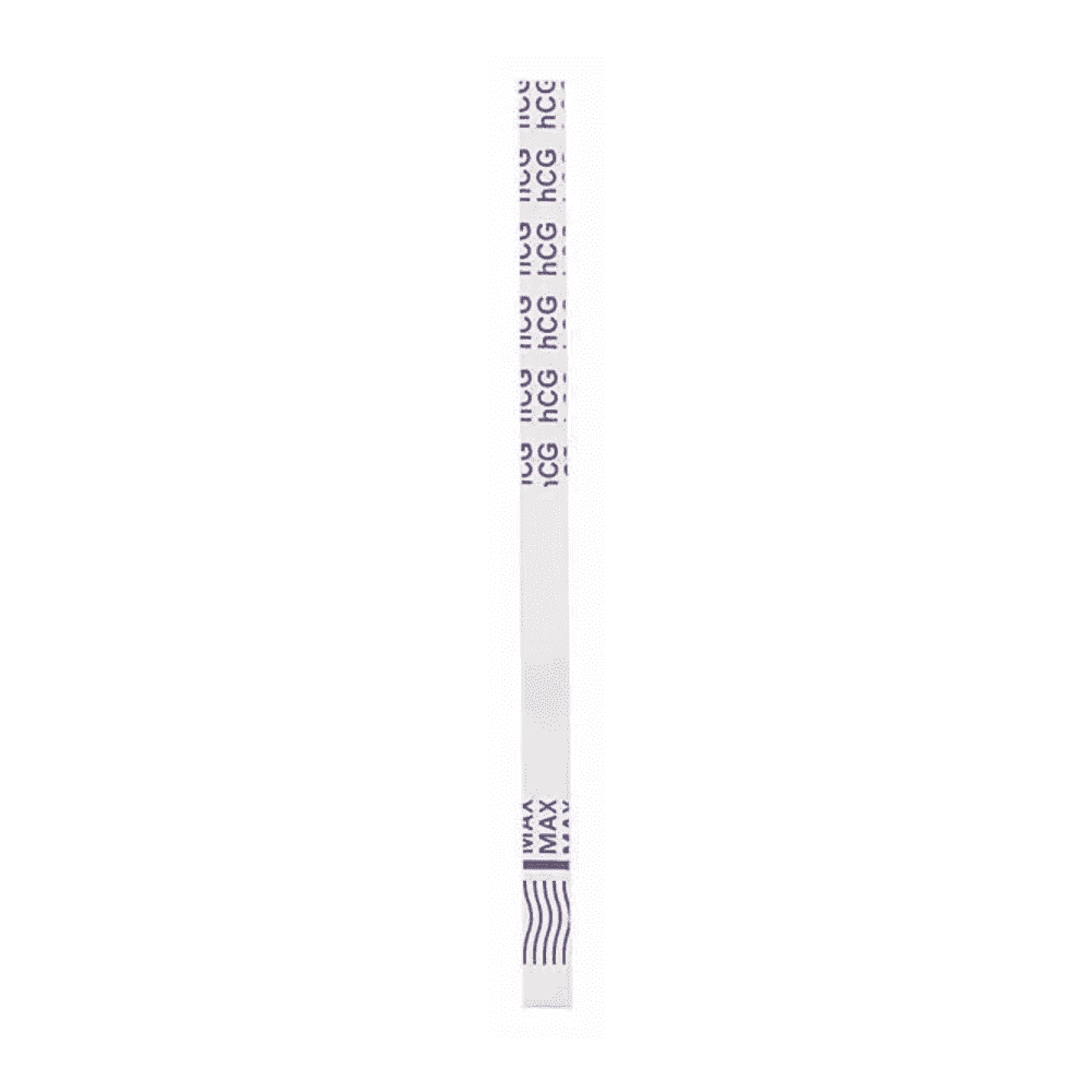 A close-up of a Cleartest hCG pregnancy test strip from Servoprax GmbH, with 'hCG' repeatedly printed on it. The rapid test strip is positioned vertically against a plain white background.