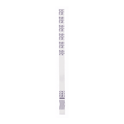 A close-up of a Cleartest hCG pregnancy test strip from Servoprax GmbH, with 'hCG' repeatedly printed on it. The rapid test strip is positioned vertically against a plain white background.