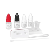 The Cleartest Strep A Test Strip Kit from Servoprax GmbH contains four reagent vials, a test cassette, a pipette, a throat swab, and a holder. The vials are equipped with a red cap, a black cap, and two white caps. The kit is neatly arranged against a pristine white background.