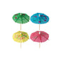 On a white background, four colorful, FSC-certified PAPSTAR decoration pick umbrellas by PAPSTAR GmbH are depicted. The umbrellas are available in green, blue, yellow, and red, each adorned with floral patterns and wooden sticks.