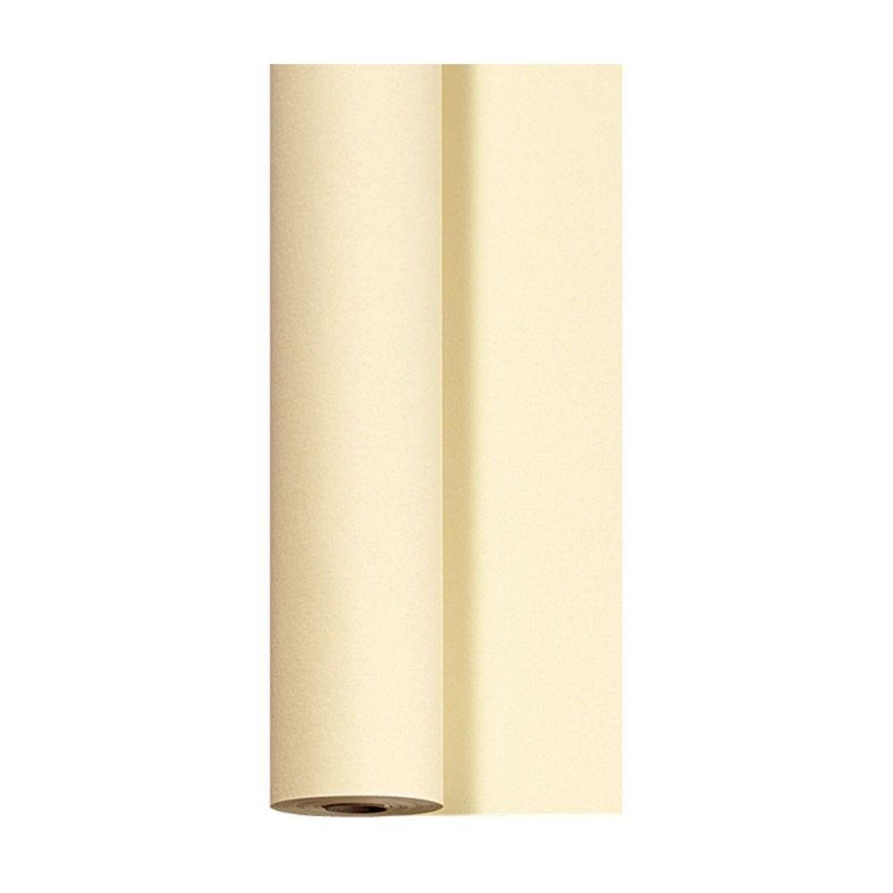 A Duni GmbH Dunicel tablecloth roll (1.18 m x 10 m) in light beige stands upright with a part unrolled, perfect as a table runner for large events, depicted on a white background.