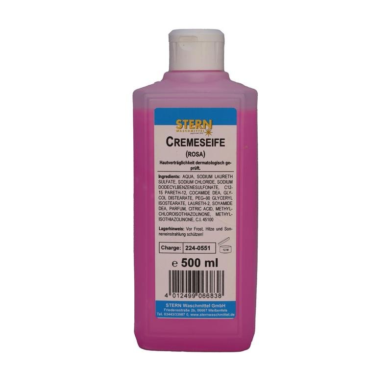 A 500ml plastic bottle of STERN cream soap pink liquid soap from Stern Waschmittel GmbH, with a white flip-top cap. Label with ingredients, instructions for use, contact information, and barcode. Gentle care - suitable for all skin types.