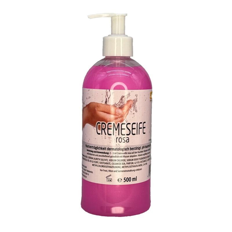 A 500ml pump bottle of STERN cream soap pink from Stern Waschmittel GmbH, the ideal soap for all skin types. The German label says "hand wash" and "gentle care".