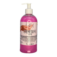 A 500ml pump bottle of STERN cream soap pink from Stern Waschmittel GmbH, the ideal soap for all skin types. The German label says "hand wash" and "gentle care".