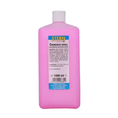 The pink 1,000ml bottle of STERN cream soap pink from Stern Waschmittel GmbH has a white cap and a German label with care instructions, ingredients, application, and manufacturer information. Suitable as soap for all skin types.