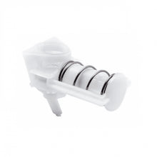 A white spring-loaded valve made of plastic and metal with two O-rings, a spare part for the 1ml liquid pump for bulk dispensers (Diversey Deutschland GmbH & Co. OHG), standard in Soft Care bulk dispensers, shown against a plain white background.