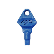 The Soft Care L1000 key from Diversey Deutschland GmbH & Co. OHG is a blue plastic key for dispenser D1228764, with a round hole, MP logo, and rectangular bit. Sold as a pack of 10 pieces (key for dispenser D1228764). Pictured on a white background.