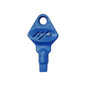 The Soft Care L1000 key from Diversey Deutschland GmbH & Co. OHG is a blue plastic key for dispenser D1228764, with a round hole, MP logo, and rectangular bit. Sold as a pack of 10 pieces (key for dispenser D1228764). Pictured on a white background.