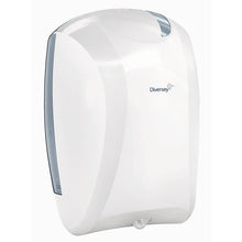 A white/translucent plastic paper roll holder with internal unwinding (35.2 x 24.3 x 24 cm) from Diversey Germany. Wall-mounted, modern design, dispenser for wipes with visible dispensing slot. Package: 1 piece.