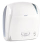 The white plastic towel roll dispenser - autocut from Diversey Deutschland GmbH & Co. OHG offers hygienic paper dispensing, a semi-transparent viewing area, and clear instructions on the front for paper removal (371x330x221 mm).