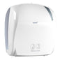 A white Diversey Deutschland GmbH & Co. OHG electric towel roll dispenser - autocut features a "Sensor No Touch" label, simple pictogram instructions, a glossy surface, automatic cutting, and a window to display the towel status.