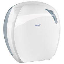 The toilet paper jumbo roll holder Maxi by Diversey Germany (white/transparent, plastic, 355x348x136 mm) is a modern wall dispenser for jumbo toilet paper rolls Maxi - practical and with a viewing window, ideal for any toilet.
