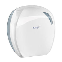 The toilet paper jumbo roll holder Mini from Diversey Deutschland GmbH & Co. OHG made of white/transparent plastic (296x277x135 mm) is ideal for public toilets and suitable for mini jumbo toilet paper rolls, e.g. 7518251.