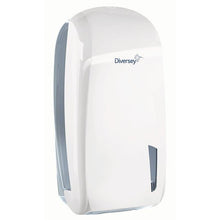 The Diversey single sheet toilet paper holder made of white/transparent plastic (328 x 165 x 135 mm) for single sheets features a viewing window and hygienically provides toilet paper in public sanitary areas. Suitable for paper 7523655.