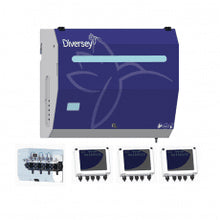 The DF10M (IoC) 6 pump main unit from Diversey Deutschland GmbH & Co. OHG is a blue-gray, wall-mounted dosing system with a logo, control modules, and a component with four valves for up to 8 washing machines in laundries.
