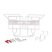 A white metal frame with mounting material, ideal as a wall & trolley holder for Oxivir Excel SoftPack cleaning wipes from Diversey Deutschland GmbH & Co. OHG, mounting set for wipes soft pack (1 piece).