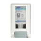 A white IntelliCare manual dispenser 1 piece from Diversey Deutschland GmbH & Co. OHG, wall-mounted with product information and certification logos, ensures hygienic use and features a translucent area for liquid soap visibility.
