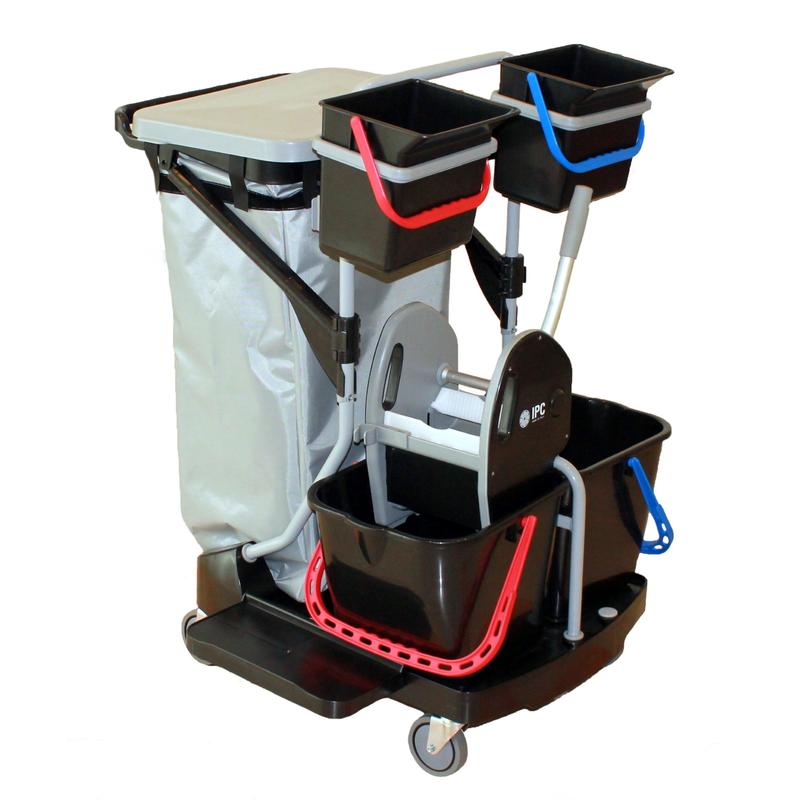 The Enviro Trolley from Diversey Germany is a trolley for traditional wet cleaning with wheels, a large grey bag, four black buckets with colored handles, and compartments for cleaning accessories. Package: 1 piece.