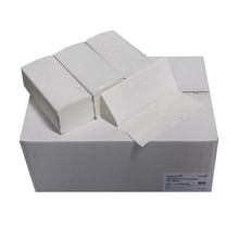 A carton (20 packs) of Diversey fold towels V-fold 2-ply, natural white, made from recycled paper, compatible with dispenser D1228913 - ideal for hygienic hand drying.