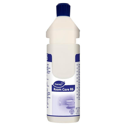 The white, reusable "Room Care R6 Plus Bottle, empty" from Diversey Deutschland GmbH & Co. OHG has a blue cap and a blue-white label that stands upright and is printed - ideal for any cleaning system.