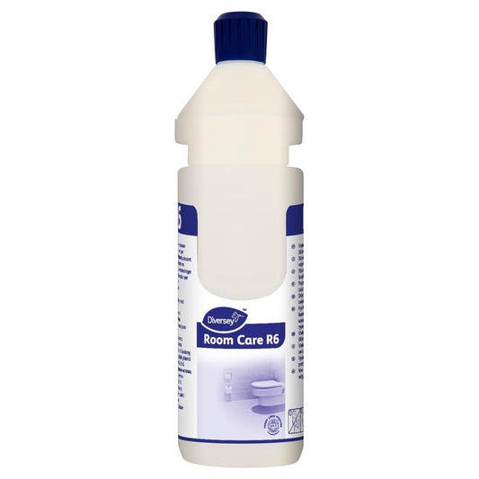 The white, reusable "Room Care R6 Plus Bottle, empty" from Diversey Deutschland GmbH & Co. OHG has a blue cap and a blue-white label that stands upright and is printed - ideal for any cleaning system.