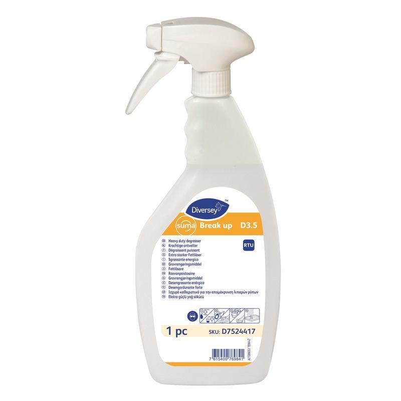 A Diversey Deutschland GmbH & Co. OHG bottle set Suma Break-up D3.5 J-Flex refill bottle (1 piece) with white spray head, beige/white label and blue/yellow accents with product information and instructions.