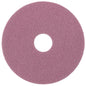 A round, pink Diversey Twister Pad Pink for vinyl floors from Diversey Deutschland GmbH & Co. OHG with a textured surface and central hole, designed for vinyl floors, seen from above on a white background.