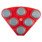 A red, triangular plastic tool from Diversey Deutschland GmbH & Co. OHG is equipped with six silver metal discs, the inscription "Twister Hybrid Tool" and the embossing "7", showcasing its ergonomic design.