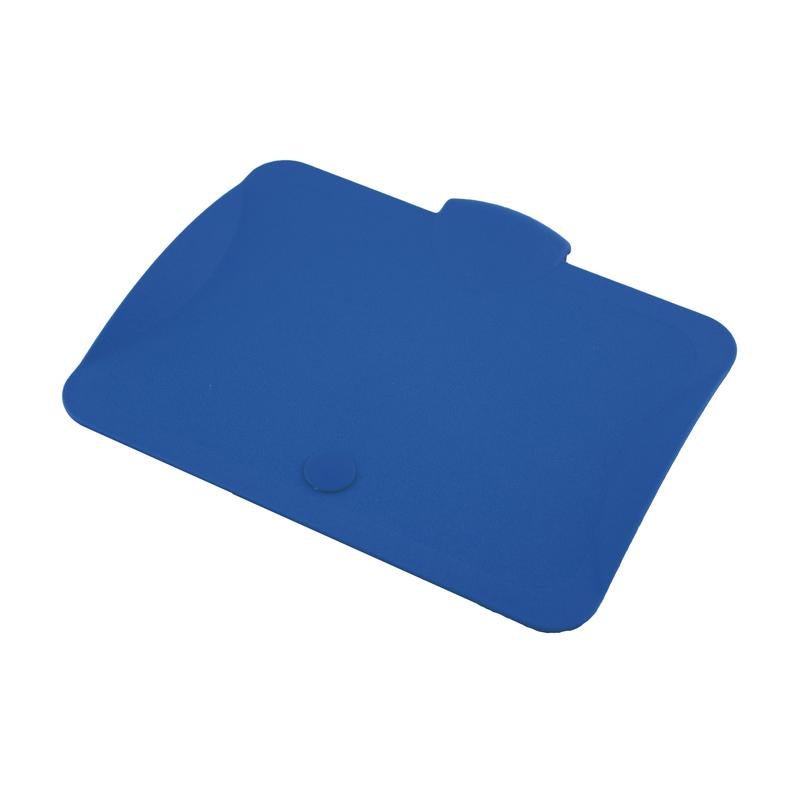 The blue, rectangular TASKI lid for 7-liter buckets from Diversey Deutschland GmbH & Co. OHG, with rounded corners and a raised handle, fits 7- and 12-liter buckets and is depicted on a white background.