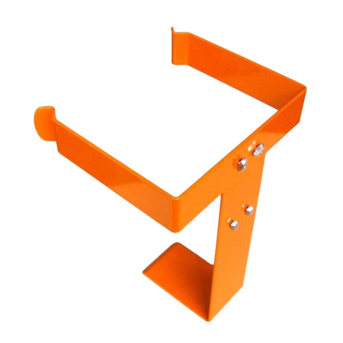 Orange-colored metal bracket with a right-angled design and U-shaped tip, ideal as a TASKI trolley bracket for Aero BP by Diversey Deutschland GmbH & Co. OHG for holding Aero BP backpack vacuum cleaner accessories. Package: 1 piece.
