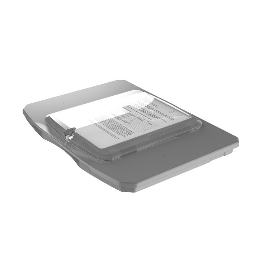 A flatbed scanner with a slightly open lid and a template on the glass - ideal for digitization instructions, such as for the Di Protect lid with iPad holder 1 piece from Diversey Deutschland GmbH & Co. OHG.